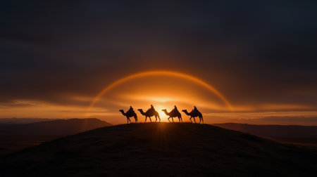 A group of camels are walking across a hillside at sunset. The sun is setting behind them, casting a warm glow over the scene. The camels are silhouetted against the sky, creating a sense of depthの素材
