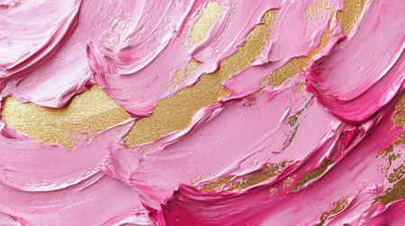 This vibrant artwork showcases swirling pink brushstrokes complemented by radiant gold accents, creating a lively and textured composition ideal for modern decor.の素材