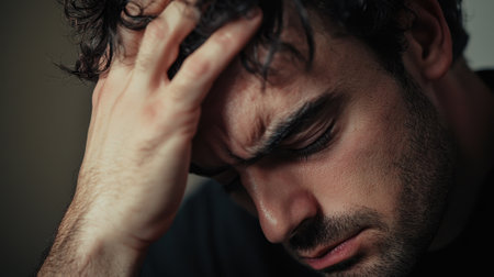 A man expresses deep frustration and despair while holding his head, surrounded by a dimly lit room. His furrowed brow and clenched eyes suggest mental anguish.の素材