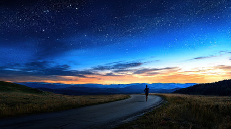 A man is walking on a road at night. The sky is dark and filled with stars. The scene is peaceful and sereneの素材