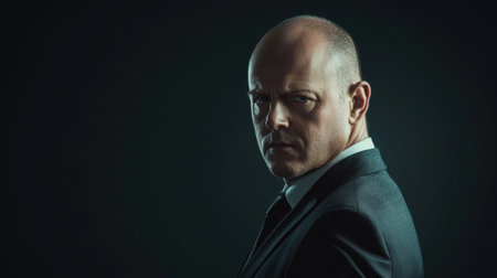 In a dimly lit setting, a man dressed in a tailored suit looks over his shoulder, displaying a confident and intense demeanor. His focused gaze suggests determination and strength.の素材