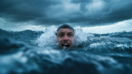 A man is swimming in the ocean and is in a very intense situation. He is surrounded by water and is struggling to stay afloat. Scene is tense and dramaticの素材