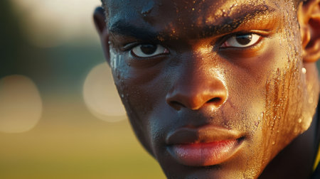 A man with sweat on his face is staring at the camera. Concept of determination and focus, as the man is in the middle of a workout or competitionの素材