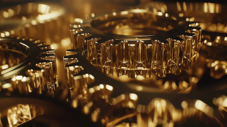 Golden gears interlock in a mesmerizing arrangement, showcasing their intricate designs and craftsmanship under soft lighting that enhances their sheen.の素材