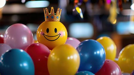 A cheerful yellow smiley face, adorned with a sparkling crown, sits atop a vibrant assortment of balloons in various colors. The setting exudes a festive atmosphere.の素材