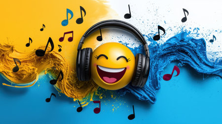 A cheerful emoji with headphones smiles brightly surrounded by colorful musical notes. Yellow and blue paint splashes create a vibrant atmosphere, enhancing the joyful vibe of music.の素材