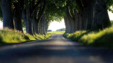 A road with trees on either side. The road is empty and the trees are tall. The trees are green and the grass is shortの素材