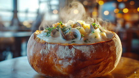 A steaming bowl of creamy clam chowder filled with fresh clams, potatoes, and herbs is presented in a freshly baked bread bowl at a cozy waterfront restaurant during sunset.の素材