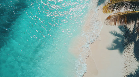 Turquoise waters meet white sand on a sandy beach, with a few palm trees casting shadows. The sky is bright blue, reflecting a calm, peaceful tropical atmosphere.の素材