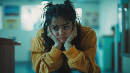 A woman with disheveled hair sits on the floor, resting her head on her hands, looking bored and contemplative in a vibrant indoor setting. The atmosphere feels idle and reflective.の素材