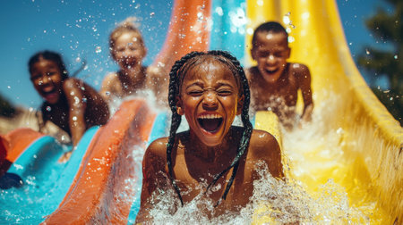 A group of children splashes down vibrant water slides at a water park. They are laughing and having a great time under the bright sun, epitomizing joy and excitement.の素材
