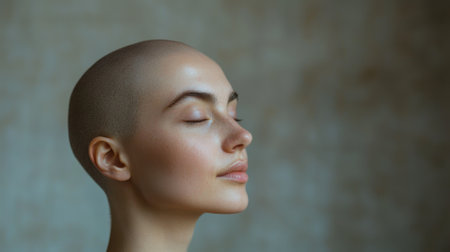 A young woman with a shaved head expresses tranquility and self-reflection. She stands in a serene environment, eyes closed, embracing a peaceful state of mind reminiscent of meditation.の素材