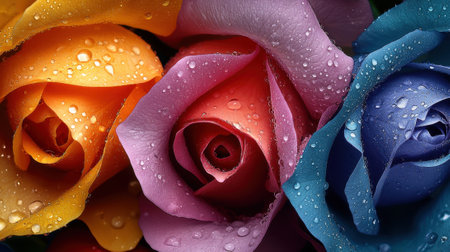 Three colorful roses with water droplets on them. The colors are orange, pink, and blueの素材