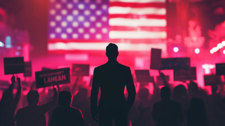 A crowds gather at night, silhouetted against a vibrant American flag. People hold signs as they participate in a passionate rally, showing their beliefs and enthusiasm.の素材