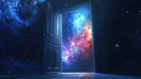 A surreal doorway stands open against a backdrop of colorful galaxies and stars, inviting viewers to explore the wonders of the universe. The scene evokes mystery and adventure.の素材