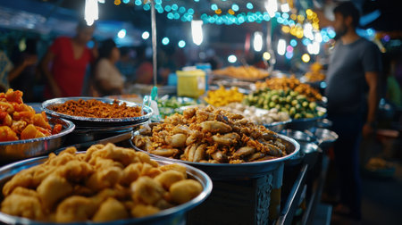 A lively night market displays an array of street food, with silver trays filled with colorful snacks. Vendors prepare fresh dishes while lights twinkle above, creating a festive atmosphere.の素材