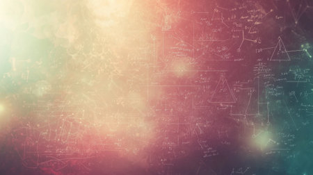 A vibrant abstract background showcases mathematical formulas and geometric diagrams in a blurred effect, perfect for educational or scientific themes.の素材