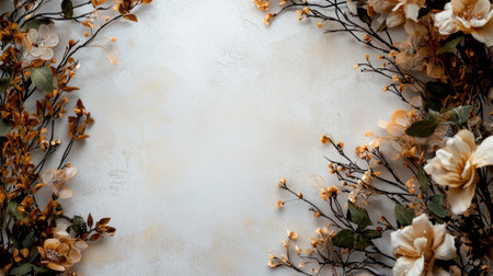 A beautiful display of dried flowers in soft hues frames a neutral textured surface. Ideal for craft projects or home styling, this setup creates an inviting atmosphere.の素材
