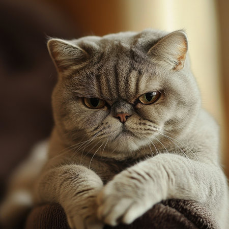 A gray domestic cat sits relaxed with a serious expression, its arms crossed, enjoying the warm light filtering into the home during midday.の素材