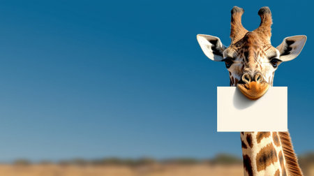 A giraffe stands in an expansive savanna, holding a blank sign in its mouth. The vibrant blue sky contrasts the earthy tones of the landscape, creating a peaceful atmosphere.の素材