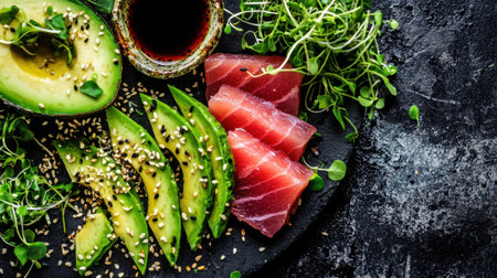 Fresh slices of tuna and creamy avocado are beautifully arranged on a black plate. Topped with sesame seeds and garnished with vibrant microgreens, this colorful dish is perfect for seafood lovers.の素材