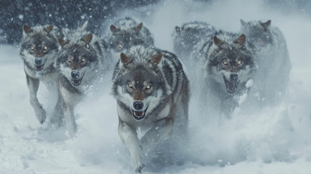 A group of wolves is charging through heavy snow in a forest, showing their strength and speed. The winter weather creates a dramatic atmosphere as they hunt together.の素材