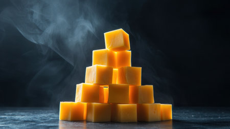 A pyramid of cheddar cheese cubes is arranged on a dark surface, creating a striking contrast. Light smoke curls around the cheese, adding an intriguing visual detail.の素材