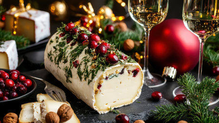 A beautifully arranged holiday table features a creamy cheese log topped with fresh herbs and red berries. Sparkling glasses and festive ornaments accentuate the celebration ambiance.の素材