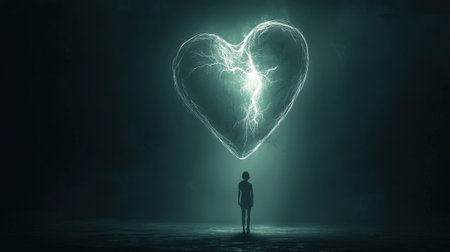 A figure stands still in a dark setting, illuminated by a large heart shape created from glowing lightning. The atmosphere conveys a mix of emotion and mystery, capturing a surreal moment.の素材