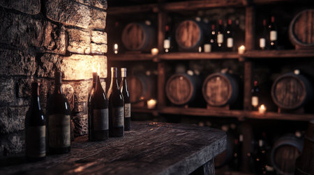 Several wine bottles are displayed on a rustic wooden table, illuminated by soft candlelight. In the background, shelves hold oak barrels, creating a warm, inviting atmosphere in the cellar.の素材