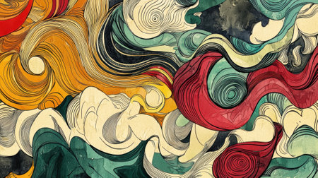 A colorful painting of a wave with a woman in the middle. The painting is abstract and has a dreamy, whimsical feel to itの素材