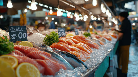 A man is standing in front of a display of fresh fish and vegetables. The fish are on ice and the vegetables are on a trayの素材