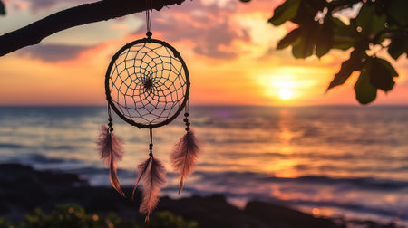 A dreamcatcher hangs from a tree branch over the ocean. The sun is setting, casting a warm glow over the scene. The dreamcatcher is decorated with feathersの素材