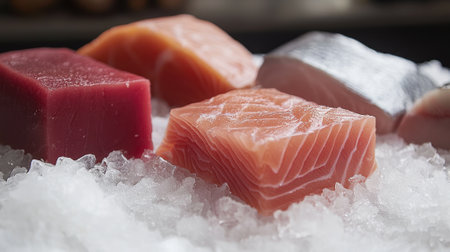 A close up of a variety of fish, including salmon, tuna, and swordfish, all displayed on a tray of iceの素材