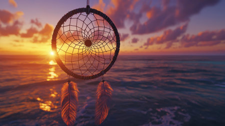 A dream catcher is hanging in the water with the sun setting in the background. The dream catcher is surrounded by feathers and is suspended in the water. The scene is serene and peacefulの素材