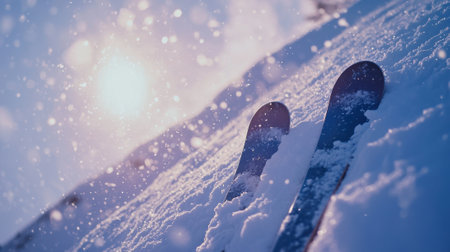 Skis lie on a snowy slope, glistening in the sunlight. Flurries of snowflakes float through the air, creating a serene winter atmosphere on the mountain.の素材