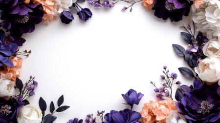 A vibrant arrangement of artificial flowers in shades of white, purple, and peach is displayed around a blank central area. The contrast emphasizes the floral beauty and colors.の素材