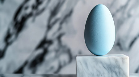 A smooth blue egg balances delicately on a white marble pedestal. The contrasting textures and colors create a serene, minimalist aesthetic in a softly lit environment.の素材
