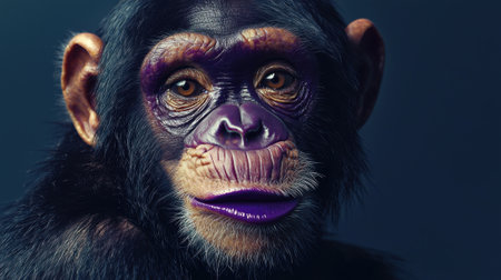 A chimpanzee gazes intently with captivating eyes and distinct facial markings. This close-up captures its thoughtful expression and rich fur details against a neutral backdrop.の素材