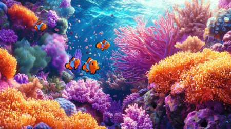 Under the sparkling sunlit water, a lively coral reef thrives with shades of pink, orange, and purple. Tropical fish swim playfully among vibrant corals, creating a mesmerizing aquatic scene.の素材
