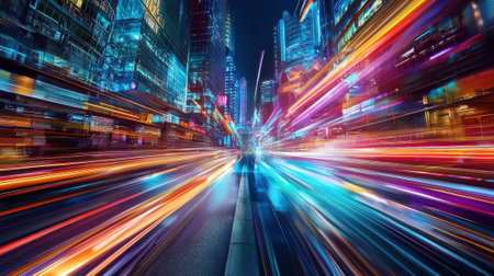 Bright lights streak across the bustling urban landscape at night, illuminating towering skyscrapers. The vibrant colors create a dynamic atmosphere filled with energy and movement.の素材