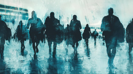 A group of people running through a city street in the rain. The image is blurry and has a sense of chaos and urgencyの素材