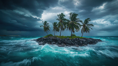 A small island with palm trees is in the middle of a stormy ocean. The waves are crashing against the rocks, and the sky is dark and cloudy. Scene is tense and dramaticの素材