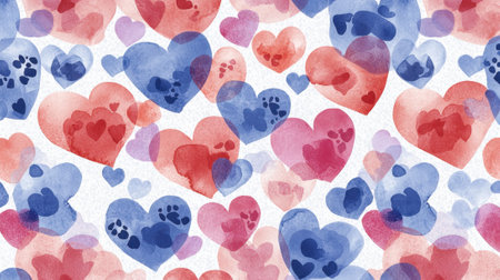 Colorful heart designs in shades of red and blue overlap to form a lively pattern. This cheerful backdrop is ideal for cards, decorations, or artistic projects celebrating love and friendship.の素材