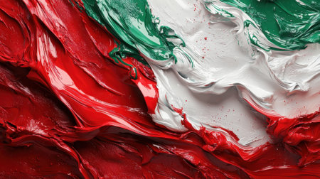 Swirls of red, green, and white create a dynamic texture, reminiscent of a national flag. The thick strokes and vibrant colors evoke a sense of movement and energy, showing artistic expression.の素材