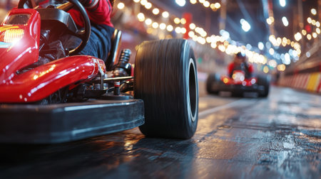 Two go-karts race closely on a vibrant indoor track illuminated by festive lights. The excitement builds as they navigate tight turns, showcasing speed and agility during the evening competition.の素材