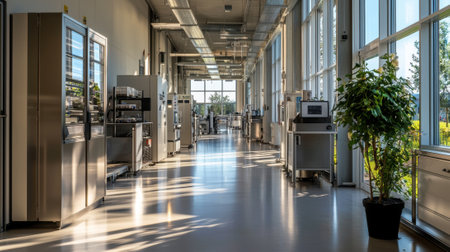 A laboratory corridor features large windows allowing abundant natural light, showcasing sleek stainless steel equipment aligned along the walls, enhancing a clean and organized environment.の素材