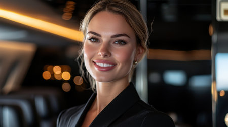 A young woman with a warm smile stands confidently in a luxury yacht, dressed in formal attire. The ambient lighting enhances the elegant atmosphere of the interior.の素材