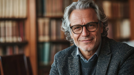 A smiling mature man with curly gray hair and glasses sits in a cozy library surrounded by shelves of books, creating an inviting atmosphere. Sunlight filters through the windows.の素材