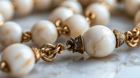 Delicate white beads with gold accents are closely linked together, showing intricate details under soft, natural light in a serene setting.の素材